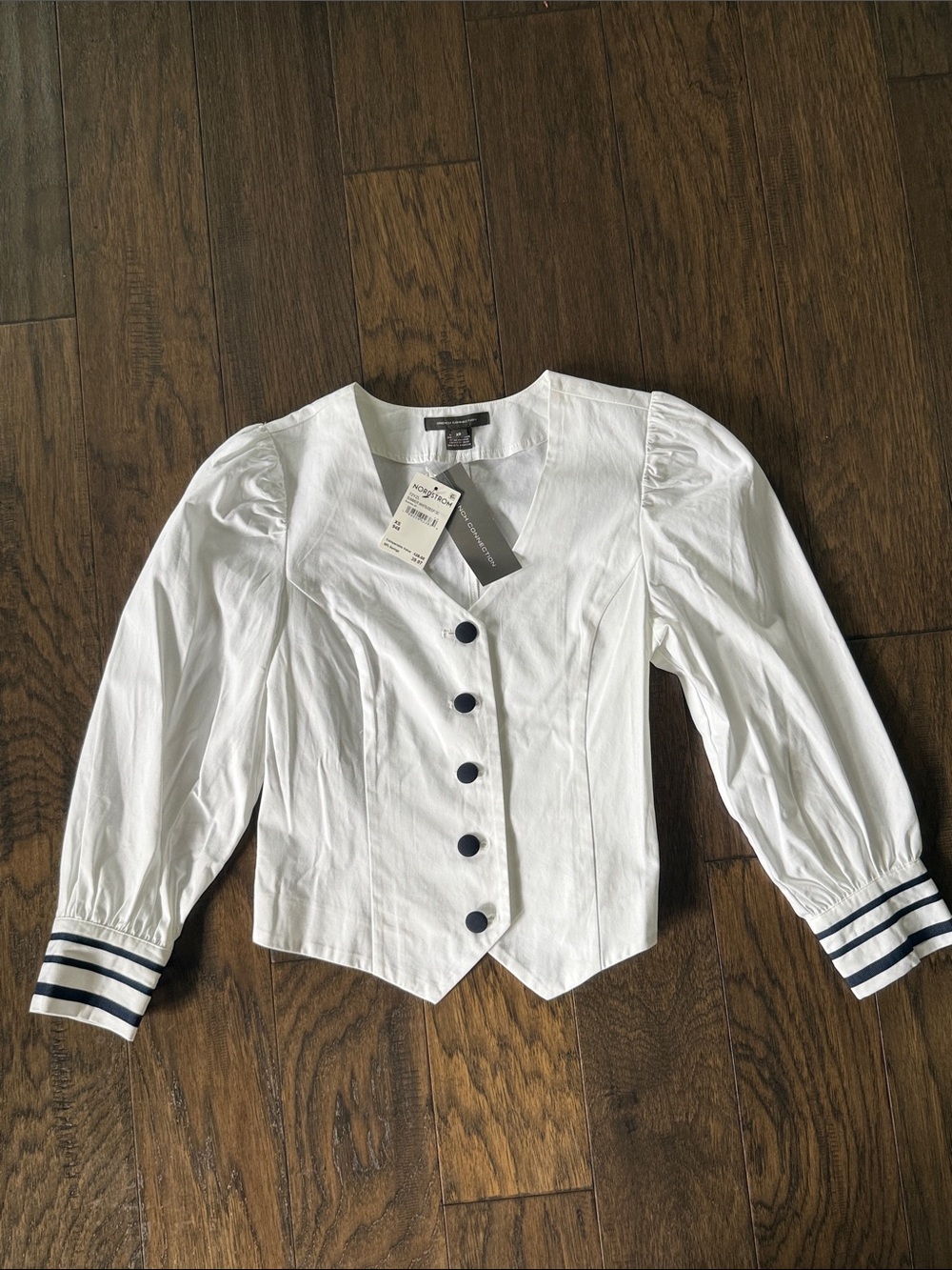French Connection White Top with Deep Navy Accents